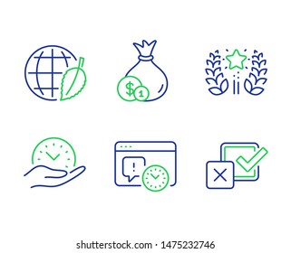 Ranking, Safe time and Project deadline line icons set. Cash, Environment day and Checkbox signs. Laurel wreath, Management, Time management. Banking currency. Business set. Vector