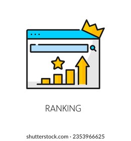 Ranking, SEM Suchmaschine Marketing Symbol für Website oder Web-Ergebnisse, Vektorgrafik Piktogramm. Zielgruppenweite wachsen und Optimierung von Online-Inhalten mit SEM für das oberste Rahmensymbol von Webseiten