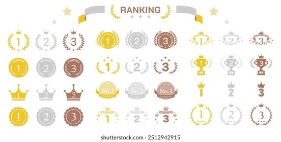 Ranking set crown award ribbon frame laurel decoration decoration crown grand prize 1st place medal flag simple