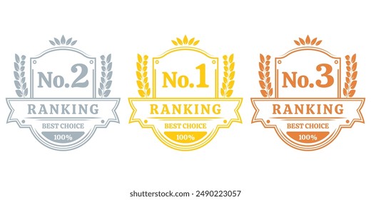 Ranking set with No. 1 rank icon. First, second and third place emblem with laurel wreath. Number 1, 2, 3 Best choice label or badges. Vector illustration.