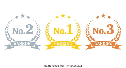 Ranking set with No. 1 rank icon. First, second and third place emblem with laurel wreath and ribbon. Best choice labels. Vector illustration.