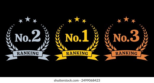 Ranking set with No. 1 rank icon. First, second and third place emblem with laurel wreath and ribbon. Best choice labels. Vector illustration.