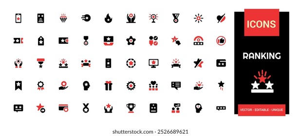 Ranking conjunto de iconos coloridos sólidos, clasificación por estrellas Primer lugar y medalla del ganador. Correa de hombro, estrella de dos colores, colección de iconos rellenos, editable y píxel perfecto paquete de símbolos.