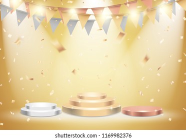 Ranking stage podium with spotlight on celebration background for gold, silver, and bronze. Vector illustration