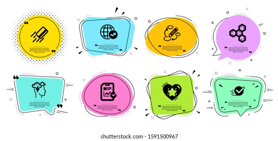 Ranking star, Checkbox and Chemical formula line icons set. Chat bubbles with quotes. Credit card, Report checklist and Keywords signs. World statistics, Mindfulness stress symbols. Vector