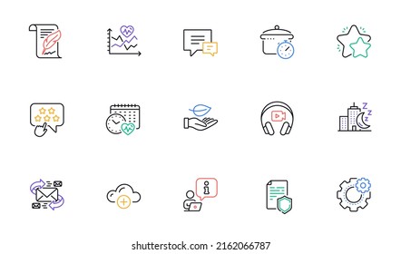 Ranking star, Cloud computing and Headphones line icons for website, printing. Collection of Interview, Night city, Boiling pan icons. Cardio calendar, Comment, E-mail web elements. Vector