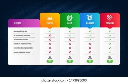 Ranking star, Copywriting and Line graph icons simple set. Price list, pricing table. Accepted payment sign. Winner medal, Copyright signature, Market diagram. Bank transfer. Education set. Vector