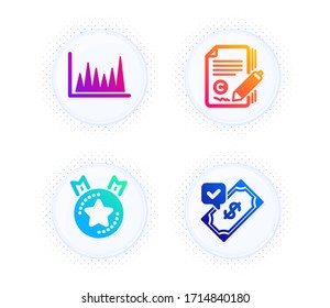 Ranking star, Copywriting and Line graph icons simple set. Button with halftone dots. Accepted payment sign. Winner medal, Copyright signature, Market diagram. Bank transfer. Education set. Vector