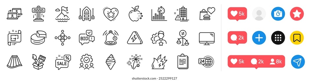 Ranking star, Discounts bubble and Computer line icons pack. Social media icons. Clipboard, Reminder, Bid offer web icon. Discrimination, Lightning bolt, Food delivery pictogram. Vector