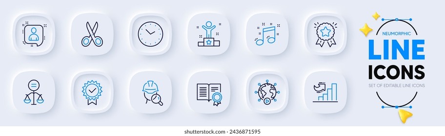 Ranking star, Inspect and Musical note line icons for web app. Pack of Certificate, Winner, Diploma pictogram icons. Developers chat, Time, Growth chart signs. Ethics, Video conference, Cut. Vector