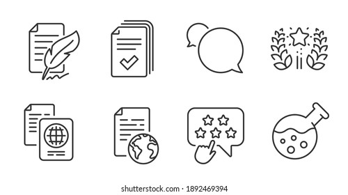 Ranking star, Internet document and Ranking line icons set. Passport document, Chemistry lab and Handout signs. Messenger, Feather signature symbols. Click rank, Web page, Laurel wreath. Vector