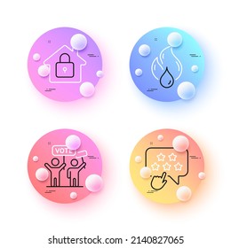 Ranking star, Lock and Voting campaign minimal line icons. 3d spheres or balls buttons. Flammable fuel icons. For web, application, printing. Click rank, House protection, People rally. Vector