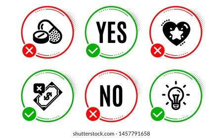 Ranking star, Medical drugs and Rejected payment icons simple set. Yes no check box. Idea sign. Love rank, Medicine pills, Bank transfer. Light bulb. Business set. Ranking star icon. Vector