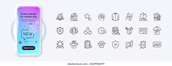 Ranking star, New and Empower line icons for web app. Phone mockup gradient screen. Pack of Gps, Time, 24 hours pictogram icons. T-shirt design, Dj controller, Love letter signs. Vector