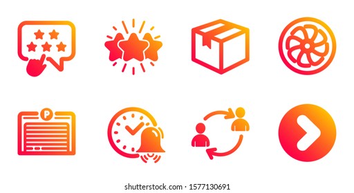 Ranking star, Parcel and Alarm bell line icons set. Star, User communication and Parking garage signs. Fan engine, Forward symbols. Click rank, Shipping box. Business set. Vector