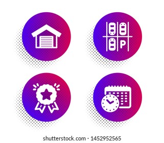 Ranking star, Parking place and Parking garage icons simple set. Halftone dots button. Calendar time sign. Winner medal, Transport, Car place. Clock. Technology set. Vector