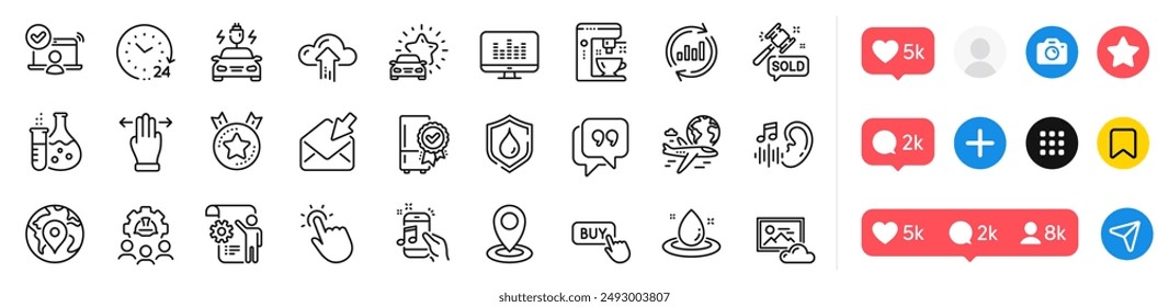 Ranking star, Pin and Multitasking gesture line icons pack. Social media icons. Coffee maker, Quote bubble, Music phone web icon. Music making, Engineering team, 24 hours pictogram. Vector