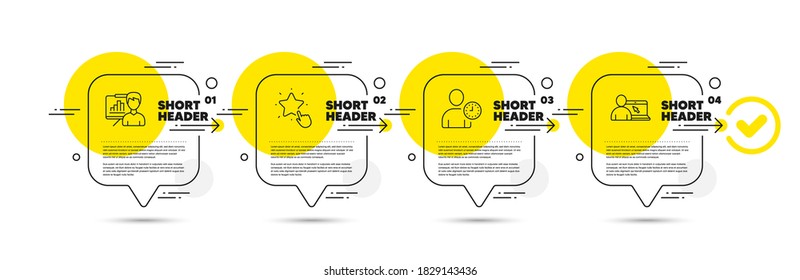 Ranking star, Presentation board and Time management line icons set. Timeline infograph speech bubble. Online education sign. Click rank, Growth chart, User with clock. Internet lectures. Vector