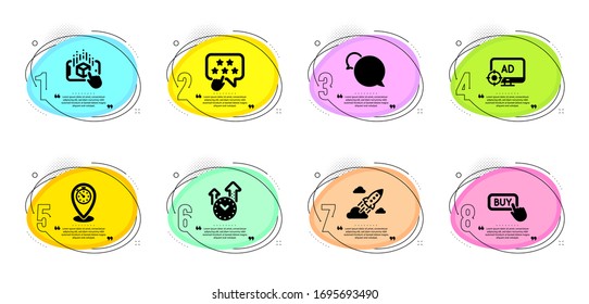 Ranking star, Seo adblock and Timer signs. Timeline infographic. Augmented reality, Time management and Startup rocket line icons set. Messenger, Buy button symbols. Vector
