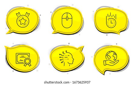 Ranking star sign. Diploma certificate, save planet chat bubbles. Fast delivery, Computer mouse and Artificial intelligence line icons set. Stopwatch, Pc equipment, Mind intellect. Vector