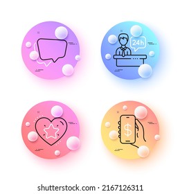 Ranking star, Speech bubble and Reception desk minimal line icons. 3d spheres or balls buttons. Money app icons. For web, application, printing. Love rank, Chat message, Hotel service. Vector