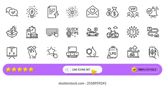 Ranking star, Stress and Waterproof line icons for web app. Pack of Approved, Love letter, Gas cylinder pictogram icons. Vision board, Computer keyboard, Inspiration signs. 5g internet. Vector