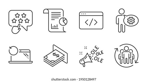 Ranking star, Teamwork and Cogwheel line icons set. Atm money, Report and Recovery laptop signs. Seo script, Ole chant symbols. Click rank, Employees change, Engineering tool. Vector