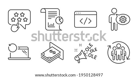 Ranking star, Teamwork and Cogwheel line icons set. Atm money, Report and Recovery laptop signs. Seo script, Ole chant symbols. Click rank, Employees change, Engineering tool. Vector
