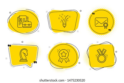 Ranking star, Vacancy and Honor signs. Chat bubbles. Inspiration, Verified mail and Marketing strategy line icons set. Creativity pencil, Confirmed e-mail, Chess knight. Winner medal. Vector