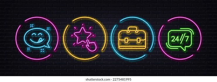 Ranking star, Yummy smile and Portfolio minimal line icons. Neon laser 3d lights. 24h service icons. For web, application, printing. Click rank, Emoticon, Business case. Call support. Vector