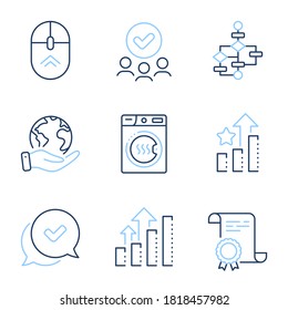 Ranking Sterne, Approved and Analysis Graph Icons Set. Diploma-Zertifikat, retten Planet, Gruppe von Menschen. Blockdiagramm, Schwimmen und Beschilderung für die Trockner-Maschine. Vektorgrafik