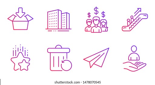 Ranking stars, Buildings and Salary employees line icons set. Escalator, Paper plane and Get box signs. Recovery trash, Recruitment symbols. Winner award, Town apartments. Business set. Vector