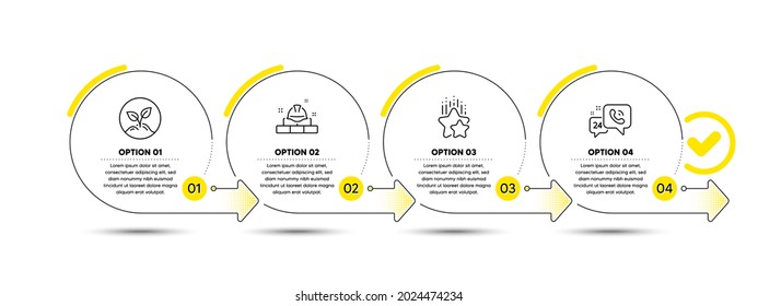 Ranking stars, Construction bricks and Startup line icons set. Timeline process infograph. 24h service sign. Winner award, Builder, Launch project. Call support. Business set. Vector