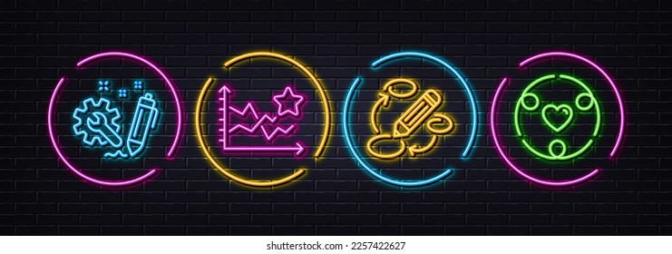 Ranking stars, Engineering and Keywords minimal line icons. Neon laser 3d lights. Inclusion icons. For web, application, printing. Winner results, Construction, Marketing strategy. Vector