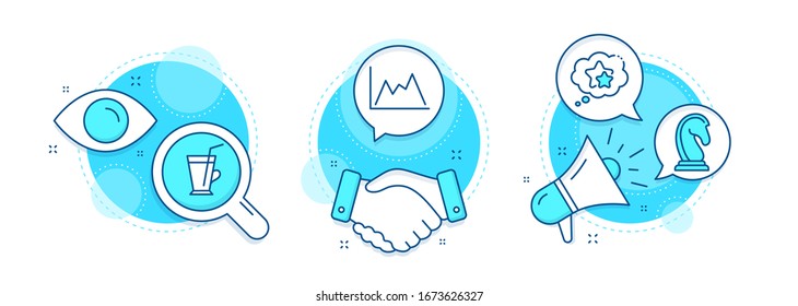 Ranking stars, Marketing strategy and Diagram line icons set. Handshake deal, research and promotion complex icons. Coffee cup sign. Winner award, Chess knight, Growth graph. Latte drink. Vector