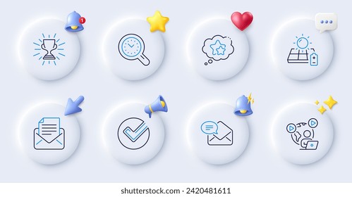 Ranking stars, New mail and Mail correspondence line icons. Buttons with 3d bell, chat speech, cursor. Pack of Video conference, Solar panel, Time management icon. Verify, Trophy pictogram. Vector