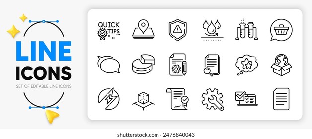 Ranking stars, Pie chart and Document line icons set for app include Talk bubble, Attention, Augmented reality outline thin icon. Pin, Shopping cart, Quick tips pictogram icon. Vector