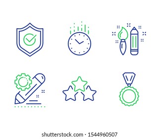 Ranking stars, Project edit and Approved shield line icons set. Creativity, Time and Medal signs. Winner award, Settings, Protection. Graphic art. Education set. Vector