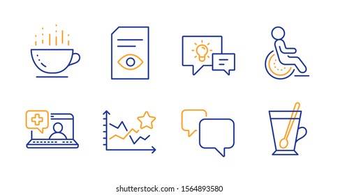 Ranking stars, Speech bubble and Disability line icons set. Medical help, Coffee cup and View document signs. Idea lamp, Tea mug symbols. Winner results, Chat message. Business set. Vector