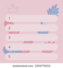 Rangliste für den 1., 2., 3., 4. und 5. Platz. Da sind Blätter im Hintergrund.