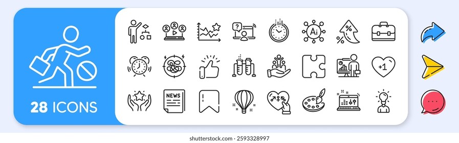 Ranking, Time management and Chemistry beaker line icons. Interest rate, AI generate, Inflation icons. Pack of Fake news, Ranking stars, Online question icon. Vector