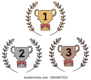 Ranking trophy hand-drawn line art illustration set