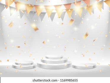 Ranking white stage podium with spotlight. Vector illustration