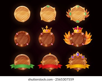 Ranking wooden shields. Game rank wood brown badges, user avatar frames for bonus trophy level achievement medieval shield or button gamer victory, ui swanky vector illustration original artwork