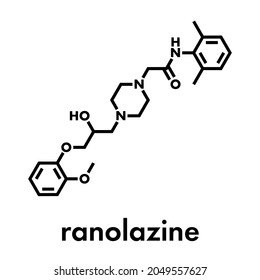 Ranolazine antianginal drug molecule. Used in treatment of chronic angina pectoris. Skeletal formula.