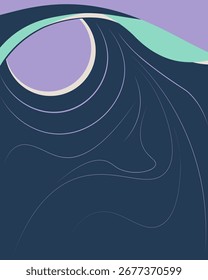 arte geométrica mínima ranquil boho com um sol lilás suave que sobe através de areia pálida e tons de azul marinho. Minimalista e calmante, ideal para interiores, estampas de moda e arte de pôster América.