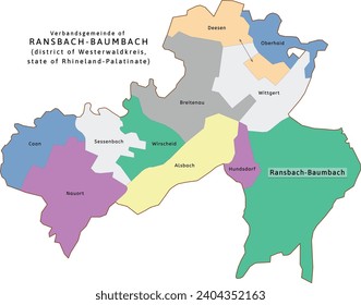 Ransbach-Baumbach verbandsgemeinde map of Westerwaldkreis district Rhineland-Palatinate (Rheinland-Pfalz) state in Germany. Vectored. Retro colors