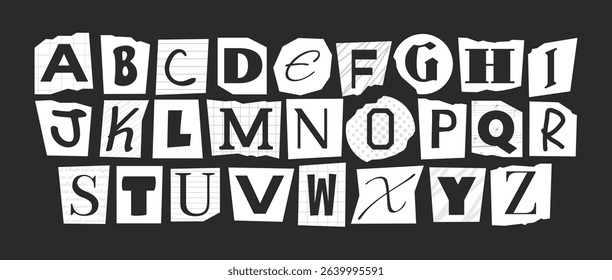 Ransom alphabet black and white font collection. Cut paper newspaper and magazine letter. Retro torn typography y2k style.