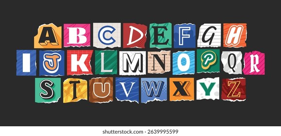Ransom alphabet font collection. Cut paper newspaper and magazine letter. Retro torn typography y2k style.