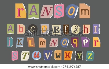 Ransom alphabet letters arranged in rows made from torn paper shapes with varied textures patterns and fonts set against a neutral gray background forming a playful random typographic collage